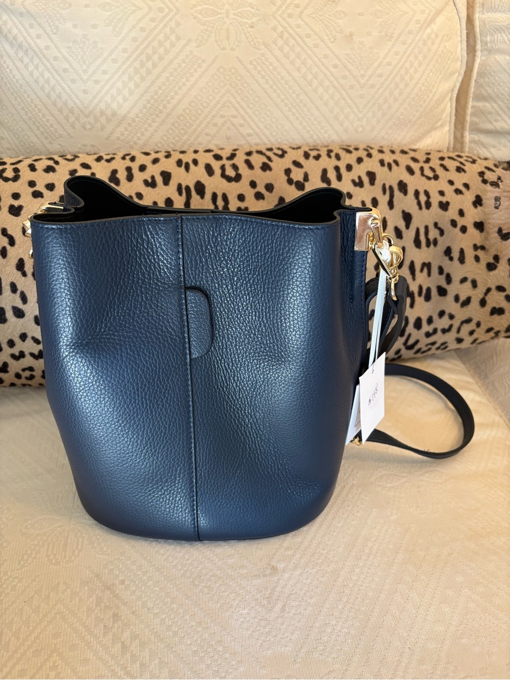 German Fuentes Navy Pebbled Leather Bucket Bag - Women's Shoulder Bag
